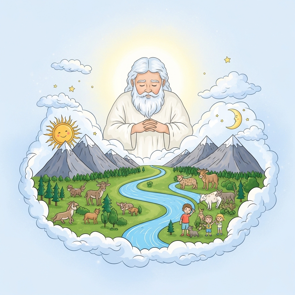 Uma representação simbólica de Deus, talvez como uma luz suave e amorosa no céu, observando com carinho e satisfação a criação completa: um mundo perfeito com sol, lua, estrelas, montanhas, rios, florestas, animais e pessoas felizes. Atmosfera de paz, gratidão e celebração. Estilo etéreo e inspirador para crianças.