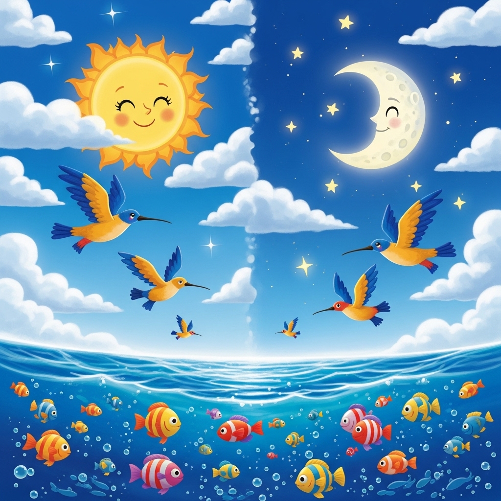Um céu duplo, metade com um sol sorridente e nuvens claras, e a outra metade com uma lua amigável e estrelas cintilantes. Abaixo, um oceano azul com peixes coloridos nadando felizes e pássaros de penas brilhantes voando no céu. Estilo infantil, cheio de movimento e alegria.