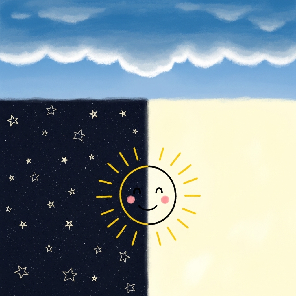 Uma imagem lúdica dividida ao meio: um lado escuro com estrelas e o outro lado claro e brilhante, simbolizando a criação da luz e a separação do dia e da noite. Acima, um céu azul com nuvens fofas começando a se formar. Estilo infantil, cores contrastantes mas suaves.