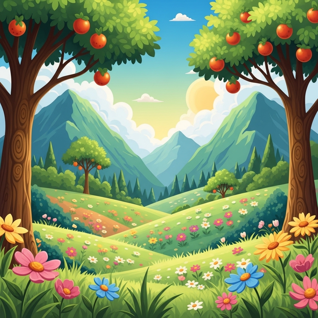 Uma paisagem exuberante e colorida com montanhas verdes, vales floridos, árvores altas cheias de frutas e grama macia. Flores de diversas cores desabrochando. Estilo de desenho animado, cores vibrantes e convidativas.