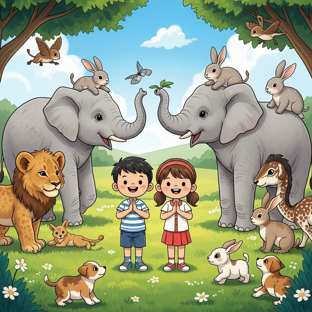 Uma cena harmoniosa e feliz onde diversos animais terrestres (leão filhote, elefante bebê, coelhinhos, cachorrinhos) brincam em um campo verde. No centro, um menino e uma menina sorrindo e admirando a natureza, com um toque de reverência. Estilo suave e acolhedor.