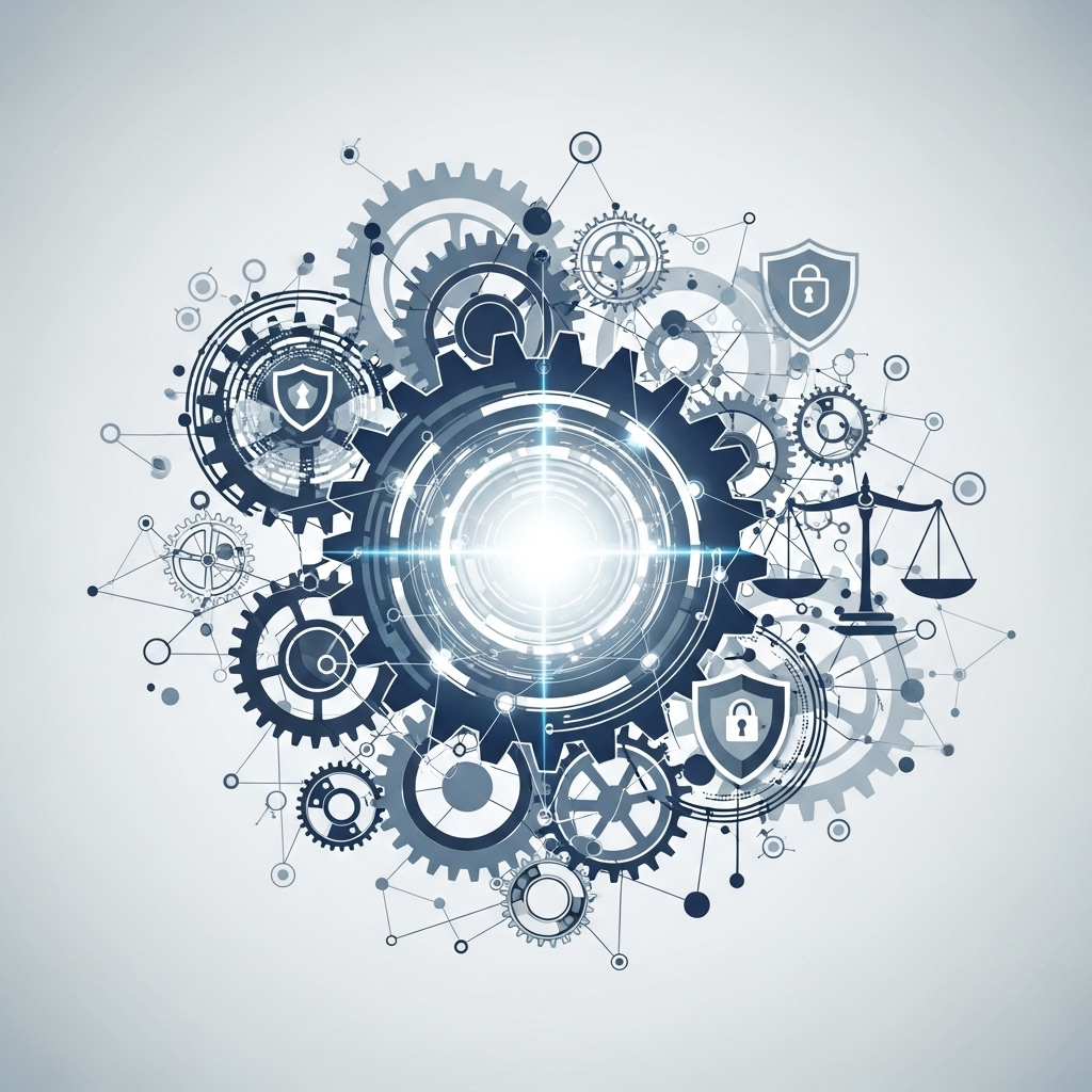 A conceptual image representing ethical governance in technology. Interlocking gears or a network of connections, with a central glowing core symbolizing transparency and integrity. Subtle elements of data security (padlocks, shields) and ethical decision-making (a balanced scale) are integrated. The overall impression is one of trust and responsible leadership. Abstract, professional, clean design.