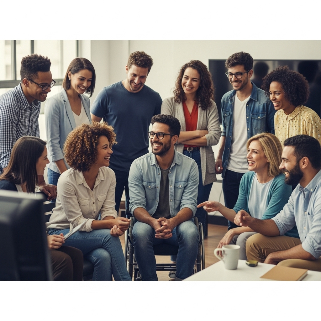 A diverse group of Brazilian tech professionals (men and women of various ethnicities, ages, and abilities) collaborating happily in a modern, inclusive office space. They are engaged in a discussion around a screen, with a sense of camaraderie and shared purpose. The setting should feel distinctly Brazilian, perhaps with subtle cultural cues. Vibrant, inclusive, professional.
