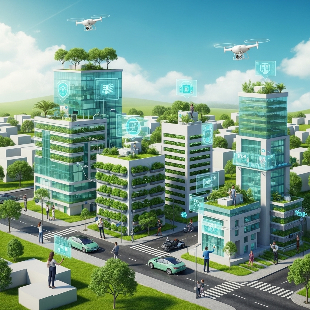 A visionary image of a sustainable Brazilian city powered by advanced technology. Smart buildings integrated with vertical farms, electric vehicles, and drones monitoring environmental health. People are interacting with technology seamlessly in a green, clean urban landscape. The overall feel is optimistic, innovative, and harmonious between technology and nature. Futuristic, vibrant, inspiring.