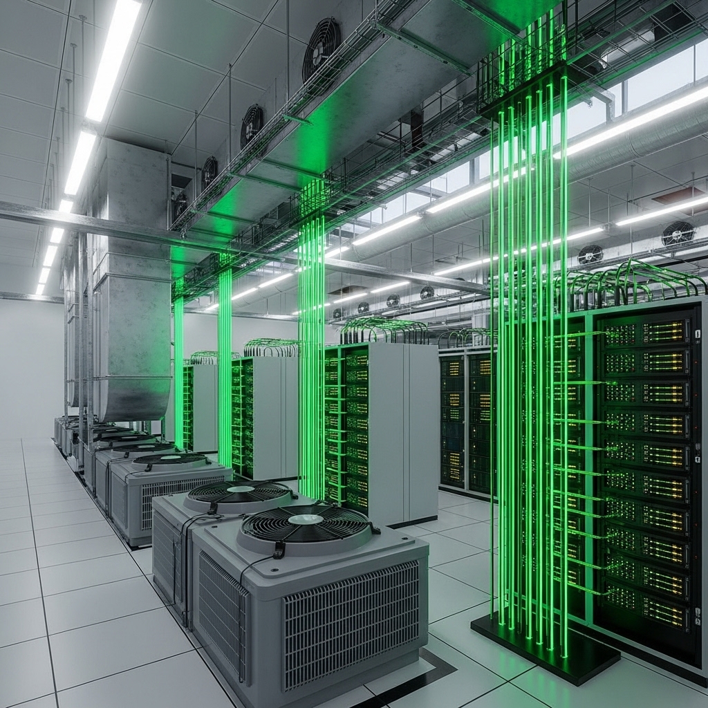 An interior view of a futuristic, eco-friendly data center in Brazil, featuring advanced cooling systems, servers powered by visible green energy sources (e.g., glowing green conduits), and natural light. The environment is clean, efficient, and visually emphasizes sustainability. Professional, high-tech, clean aesthetic.