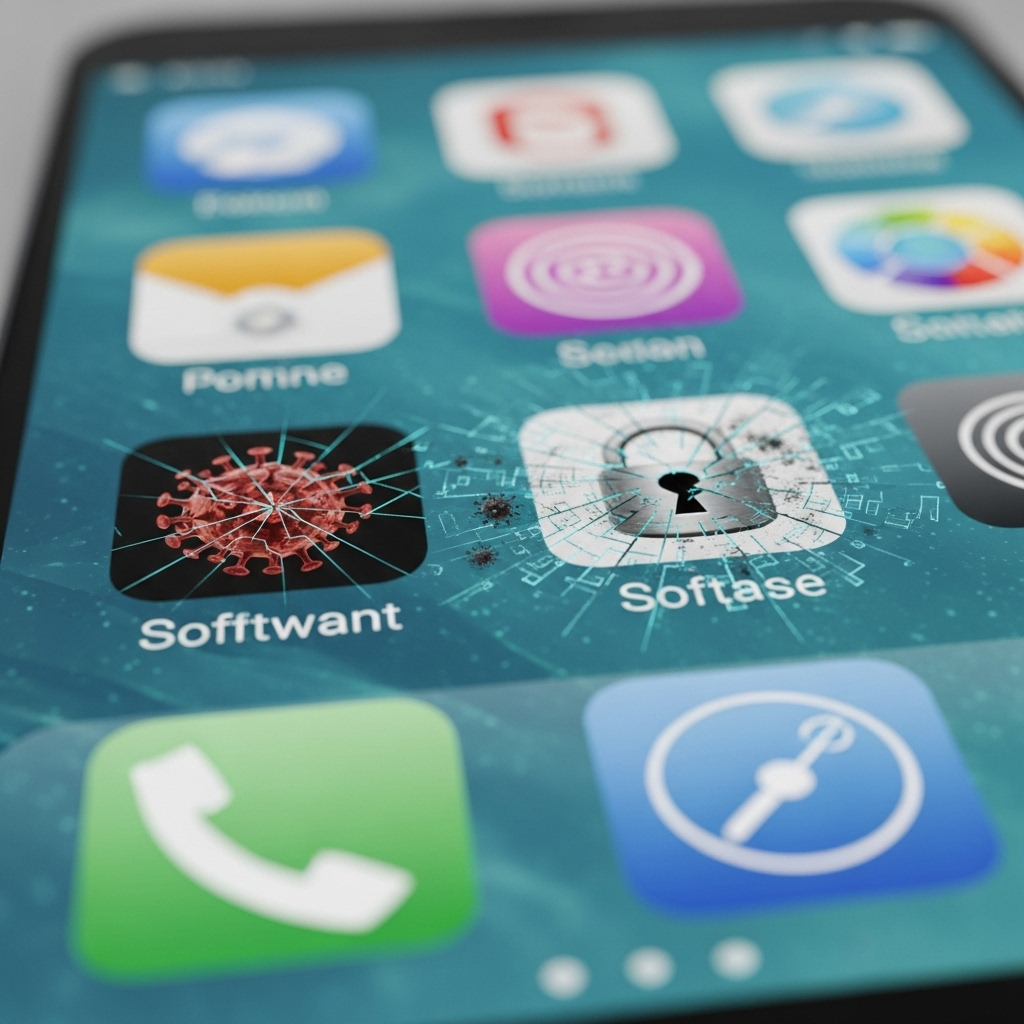 Um smartphone ou tela de computador mostrando vários ícones de aplicativos, mas um ou dois deles estão rachados, com um vírus digital ou um cadeado quebrado saindo, simbolizando o perigo de baixar software pirata ou de fontes não oficiais. Estilo gráfico, com elementos de malware e segurança.