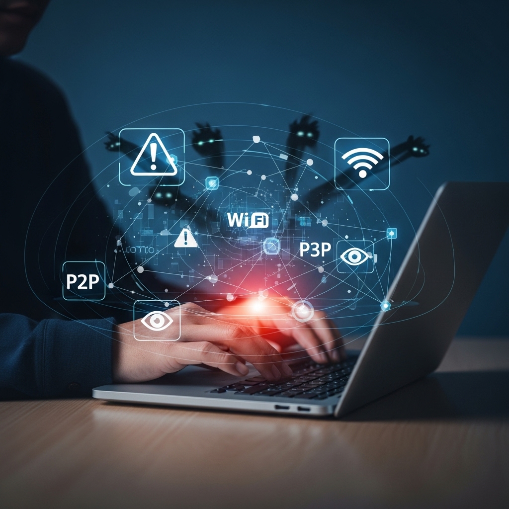 Uma pessoa usando um laptop ou smartphone, com uma rede Wi-Fi visível ao redor, mas com sombras espreitando e ícones de alerta digital (como um ponto de exclamação ou um olho) sutilmente integrados na rede, simbolizando os perigos ocultos do compartilhamento de conexão e softwares P2P. Estilo moderno, com tons de azul e vermelho.