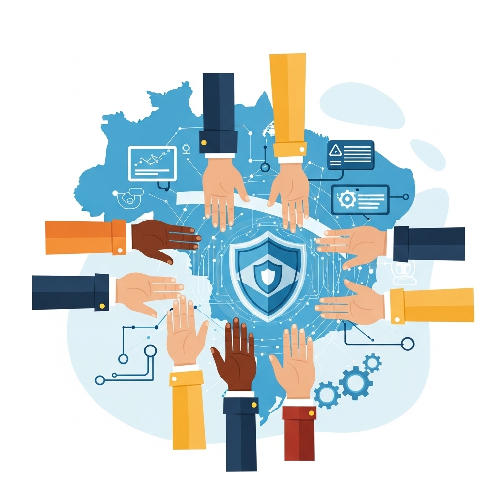Uma ilustração que simboliza a colaboração e a resiliência no ecossistema de cibersegurança brasileiro. Mãos diversas (representando empresas, academia, governo) se unindo para construir uma rede de proteção digital robusta. Elementos de conexão, engrenagens e um escudo digital integrado. O fundo pode ter um mapa estilizado do Brasil. Cores que transmitam união, força e um futuro seguro.