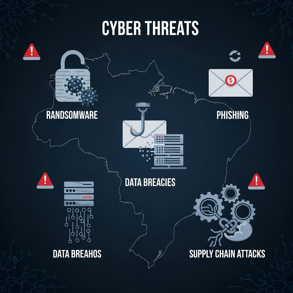 Uma ilustração digital que representa as diversas ameaças cibernéticas no Brasil. Incluir ícones de ransomware (cadeado com vírus), phishing (e-mail com anzol), vazamento de dados (dados vazando de um servidor) e ataques à cadeia de suprimentos (engrenagens interconectadas com um elo fraco). O fundo pode ter um mapa sutil do Brasil. Estilo moderno, com cores escuras e alertas em vermelho/amarelo.