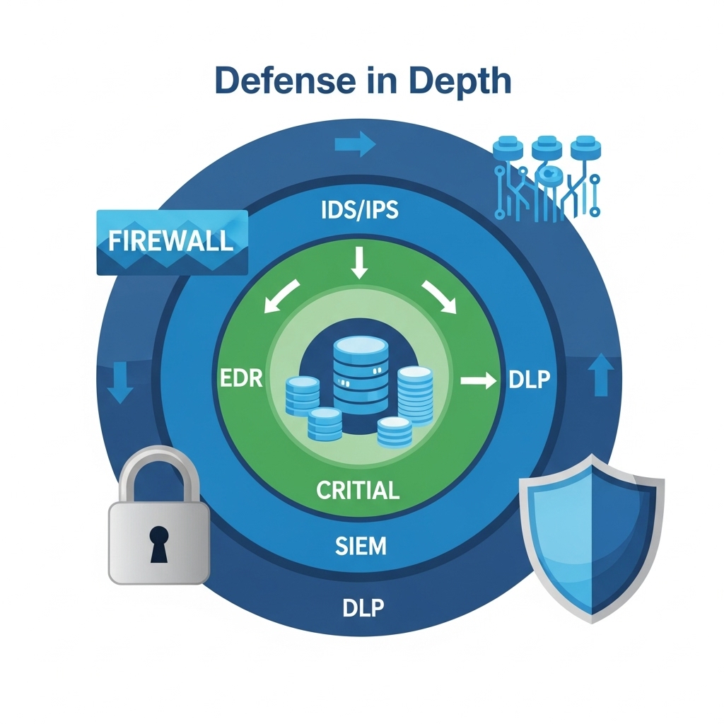 Uma representação visual de 'defesa em profundidade' para cibersegurança. Múltiplas camadas concêntricas de proteção (firewall, IDS/IPS, EDR, SIEM, DLP) ao redor de um núcleo de dados críticos. Incluir elementos como um cadeado robusto, um escudo e setas indicando a proteção contra ameaças externas. Cores azuis e verdes, transmitindo segurança e tecnologia.