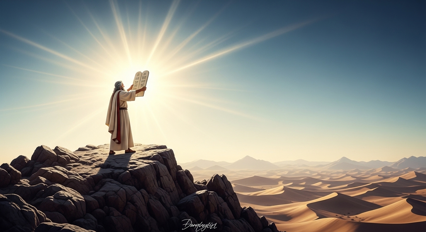 Uma imagem que retrata Moisés no Monte Sinai, recebendo as tábuas da lei, com raios de luz divina emanando do céu. Ao fundo, um deserto vasto e majestoso. A cena deve evocar a solenidade e a autoridade da entrega dos Dez Mandamentos, incluindo o mandamento do Sábado.