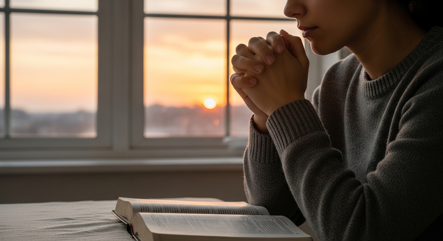 Uma pessoa em silêncio e meditação, com as mãos postas sobre uma Bíblia aberta, diante de uma janela onde se vê o sol começando a se pôr. A expressão facial é de profunda reflexão e expectativa reverente. O ambiente é acolhedor e tranquilo, sugerindo preparação espiritual para o Sábado.