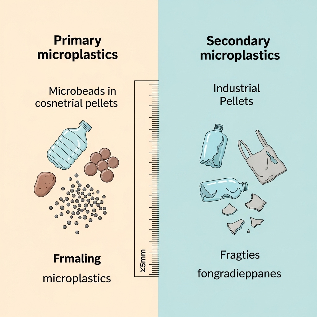 Uma ilustração clara e didática mostrando a diferença entre microplásticos primários (microesferas em cosméticos, pellets industriais) e secundários (fragmentos de garrafas, sacolas degradadas). Incluir uma régua ou escala para indicar o tamanho (<5mm). Cores suaves e informativas.