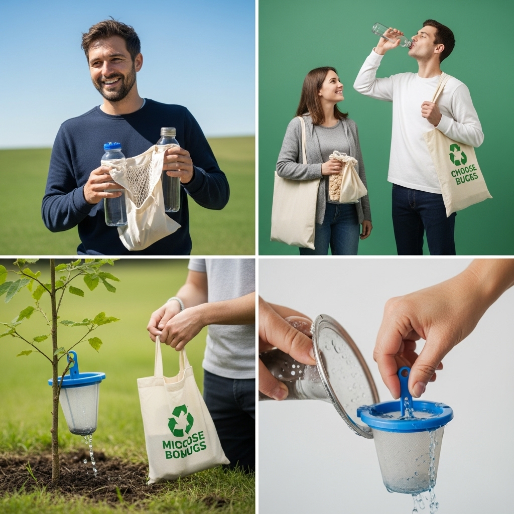 Uma imagem inspiradora e prática que representa ações de mitigação e prevenção contra microplásticos. Mostrar pessoas engajadas em atividades como usar garrafas reutilizáveis, sacolas de pano, escolher produtos a granel, e uma mão plantando uma árvore ou filtrando água. O ambiente deve ser limpo e verde, transmitindo esperança e sustentabilidade. Estilo otimista e encorajador.