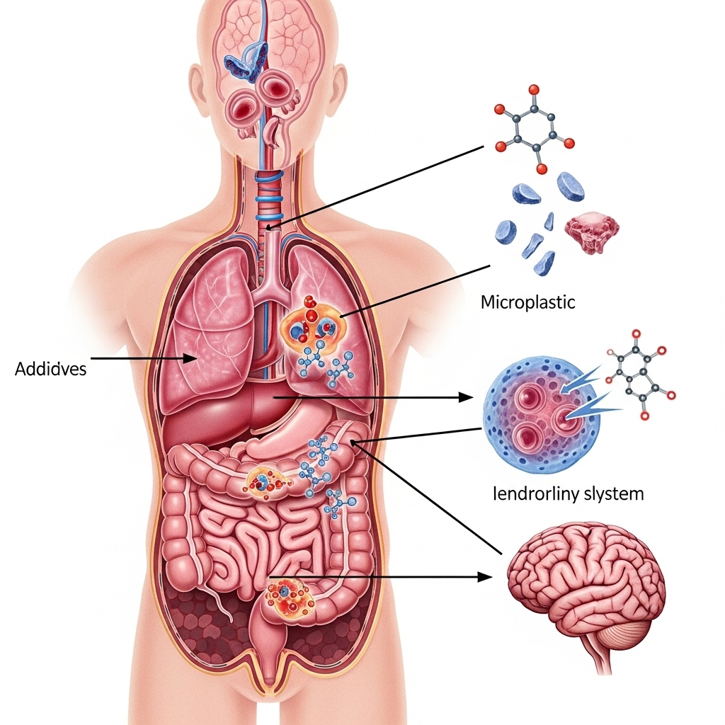 Uma representação artística e científica dos potenciais impactos dos microplásticos no corpo humano. Mostrar um diagrama do corpo humano com setas apontando para órgãos como intestino, pulmões, sistema endócrino e cérebro, com pequenos fragmentos de plástico e moléculas químicas (aditivos) interagindo com células ou tecidos. Cores que transmitam a ideia de inflamação e disrupção.