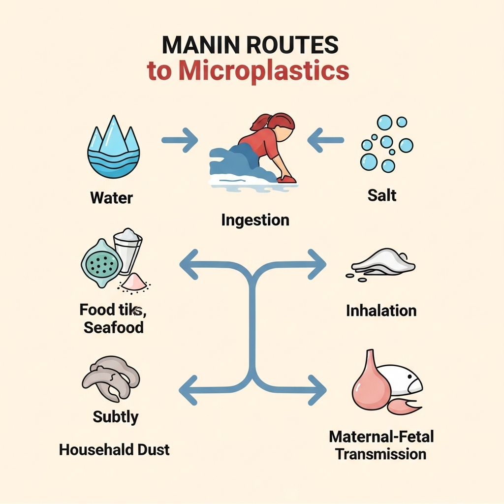 Um infográfico visualmente atraente que representa as principais vias de exposição humana a microplásticos: ingestão (água, alimentos como frutos do mar, sal), inalação (ar, poeira doméstica) e, sutilmente, a transmissão materno-fetal. Usar ícones e setas para indicar o fluxo. Estilo limpo e moderno.