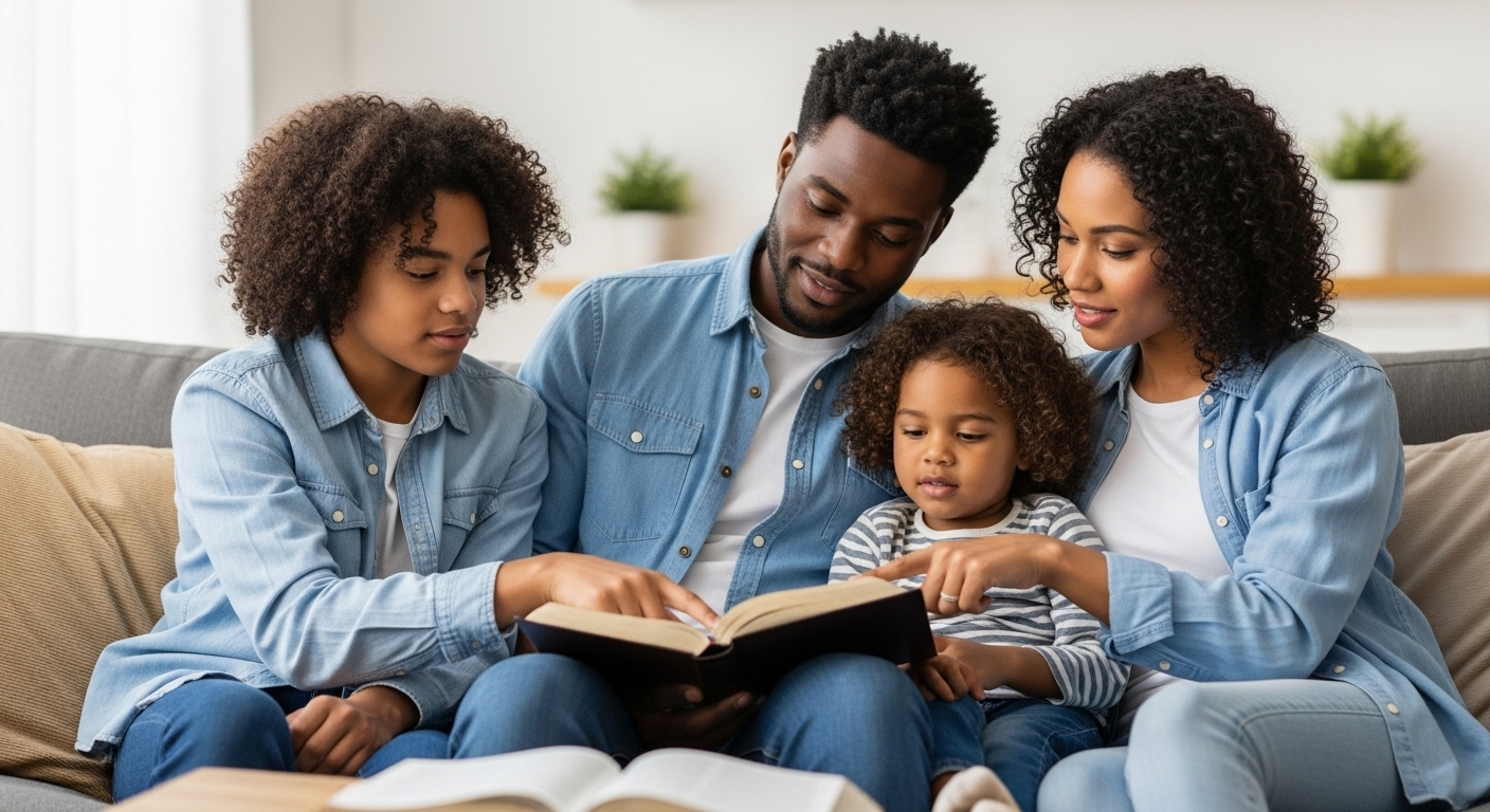 Um pai e uma mãe cristãos sentados com seus dois filhos (um adolescente e uma criança pequena) em um sofá, lendo a Bíblia juntos. Os pais apontam para passagens, e os filhos ouvem atentamente. A cena deve transmitir carinho, paciência e o ato de transmitir conhecimento e fé. O ambiente é familiar e convidativo, com boa iluminação.