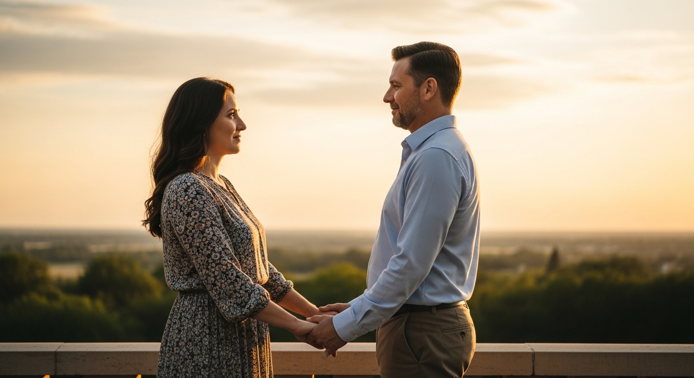 Um casal cristão adulto, de mãos dadas, olhando um para o outro com carinho e respeito em um ambiente calmo e inspirador, talvez um jardim ou uma varanda ao pôr do sol. A imagem deve evocar amor sacrificial, compromisso e a beleza da união conjugal. A luz dourada do entardecer realça a cena, transmitindo calor e esperança.