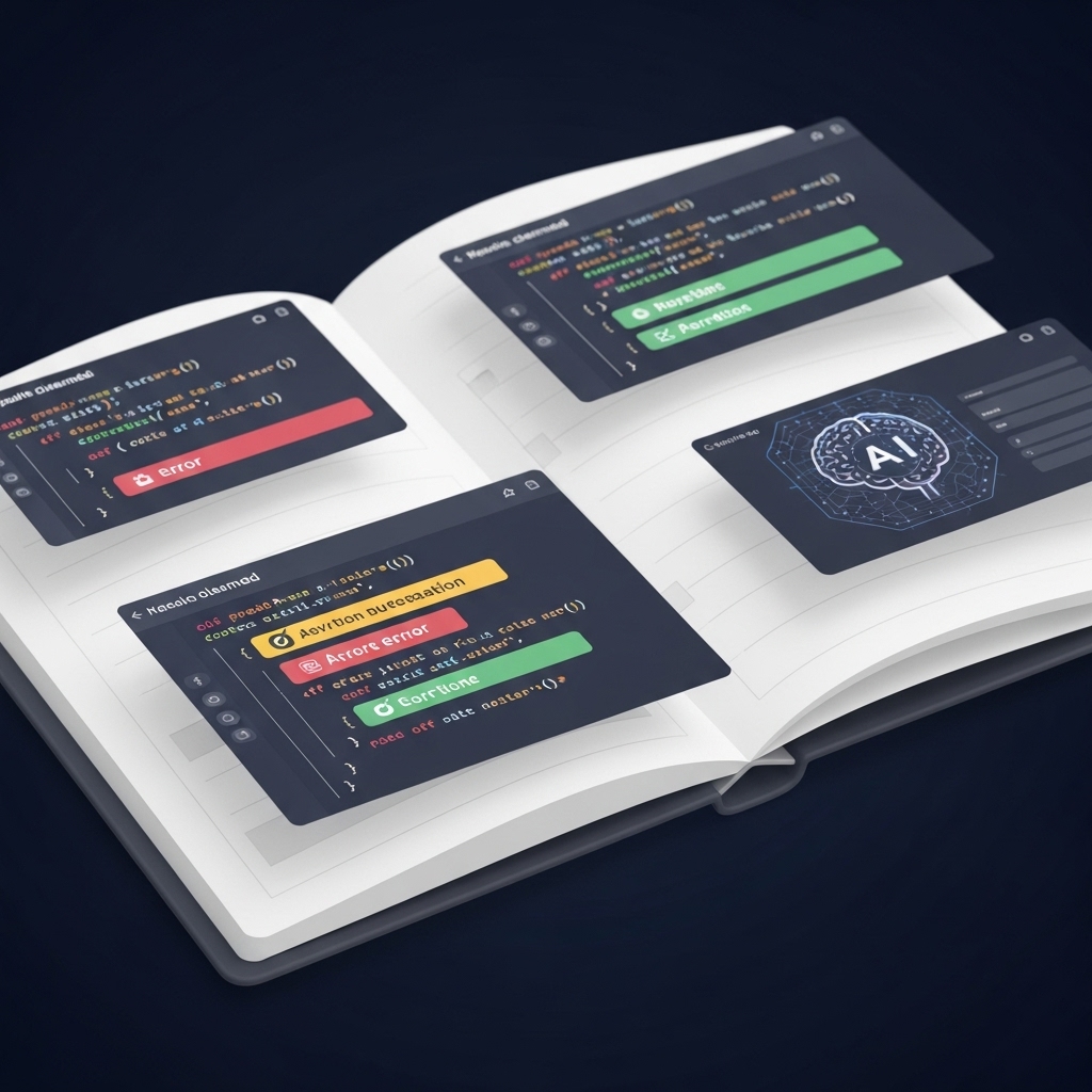 A visual metaphor for a "lessons learned" file: an open digital notebook or tablet displaying code snippets with highlighted errors and corresponding corrections, with an AI brain icon subtly integrated, suggesting the AI is learning and refining its output over time. Dynamic, showing progress.