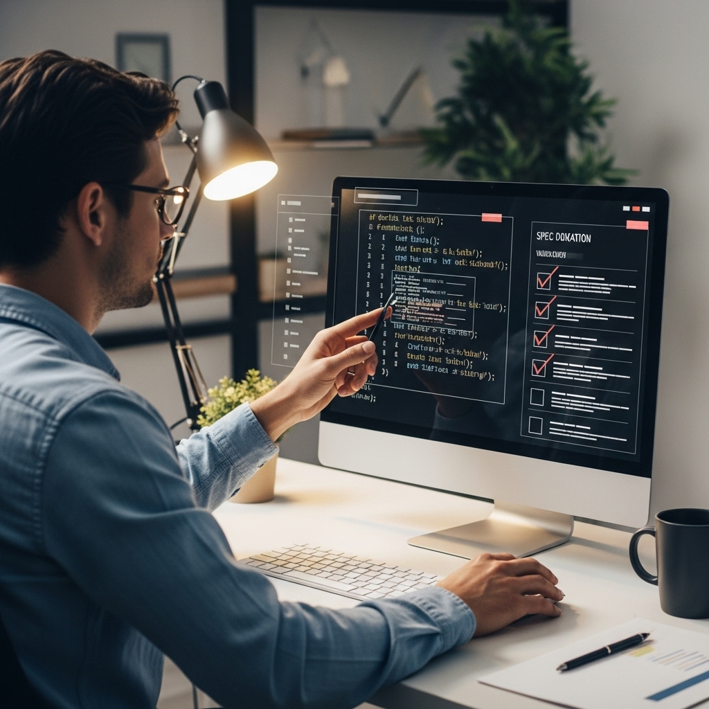A developer at a workstation, reviewing code generated by an AI assistant on a screen, with a checklist or validation process visible. The scene should convey human oversight, refinement, and the iterative cycle of review and improvement in spec-driven development. Professional, focused, and collaborative.