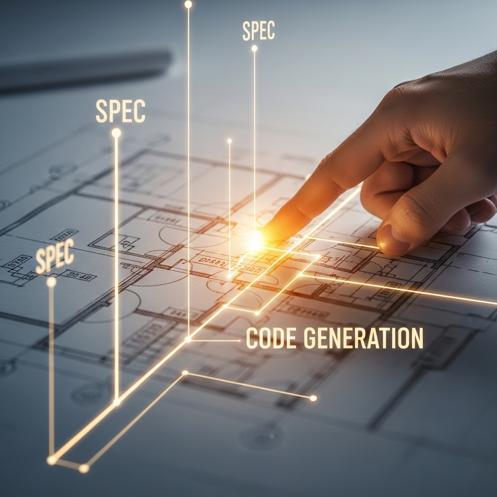 A detailed blueprint or architectural diagram overlaid with glowing lines of code, symbolizing the "spec" guiding the "code generation." A human hand points to a specific section of the blueprint, indicating control and precision. Clean, technical, and illustrative of planning.