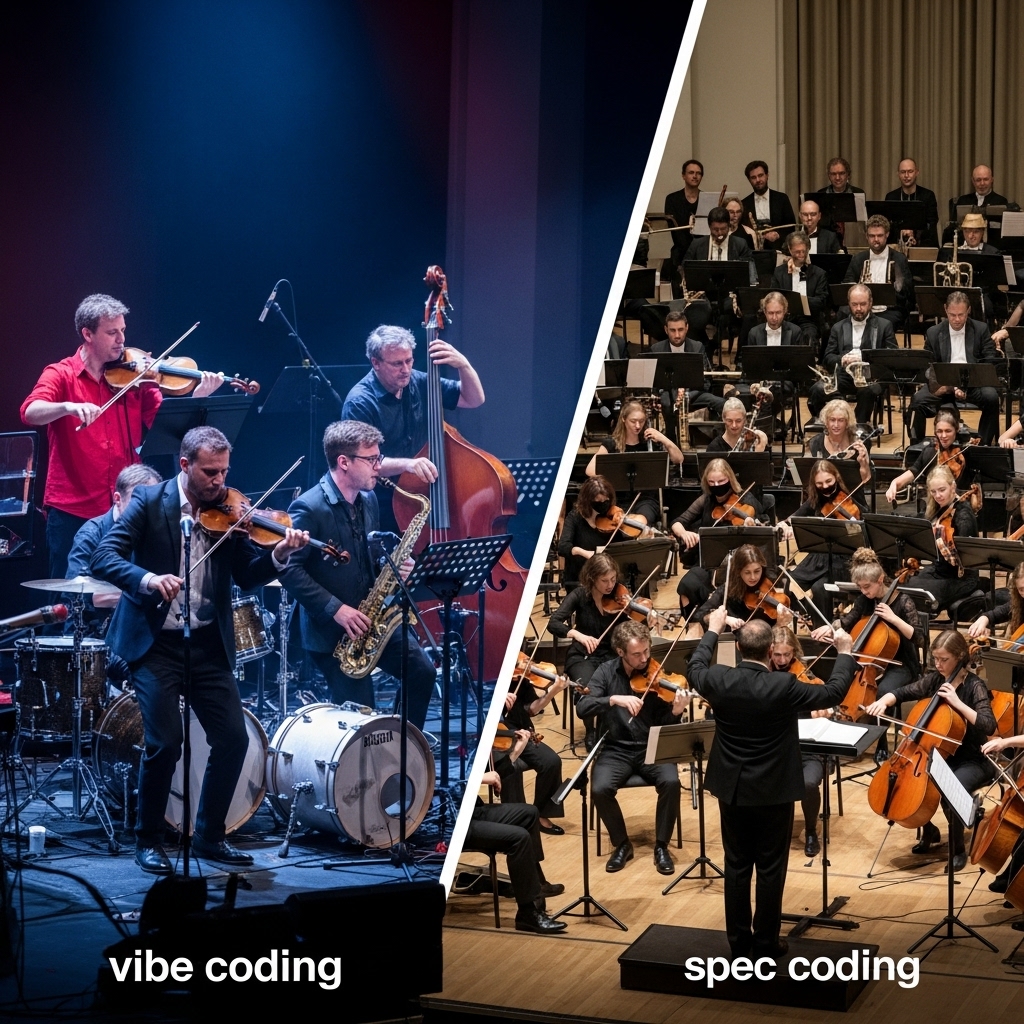 A split image contrasting two scenes: on one side, a chaotic but energetic jazz jam session with musicians improvising (representing "vibe coding"); on the other, a meticulously arranged orchestra with a conductor leading with precision (representing "spec coding"). Visualizes the duality of AI coding approaches.