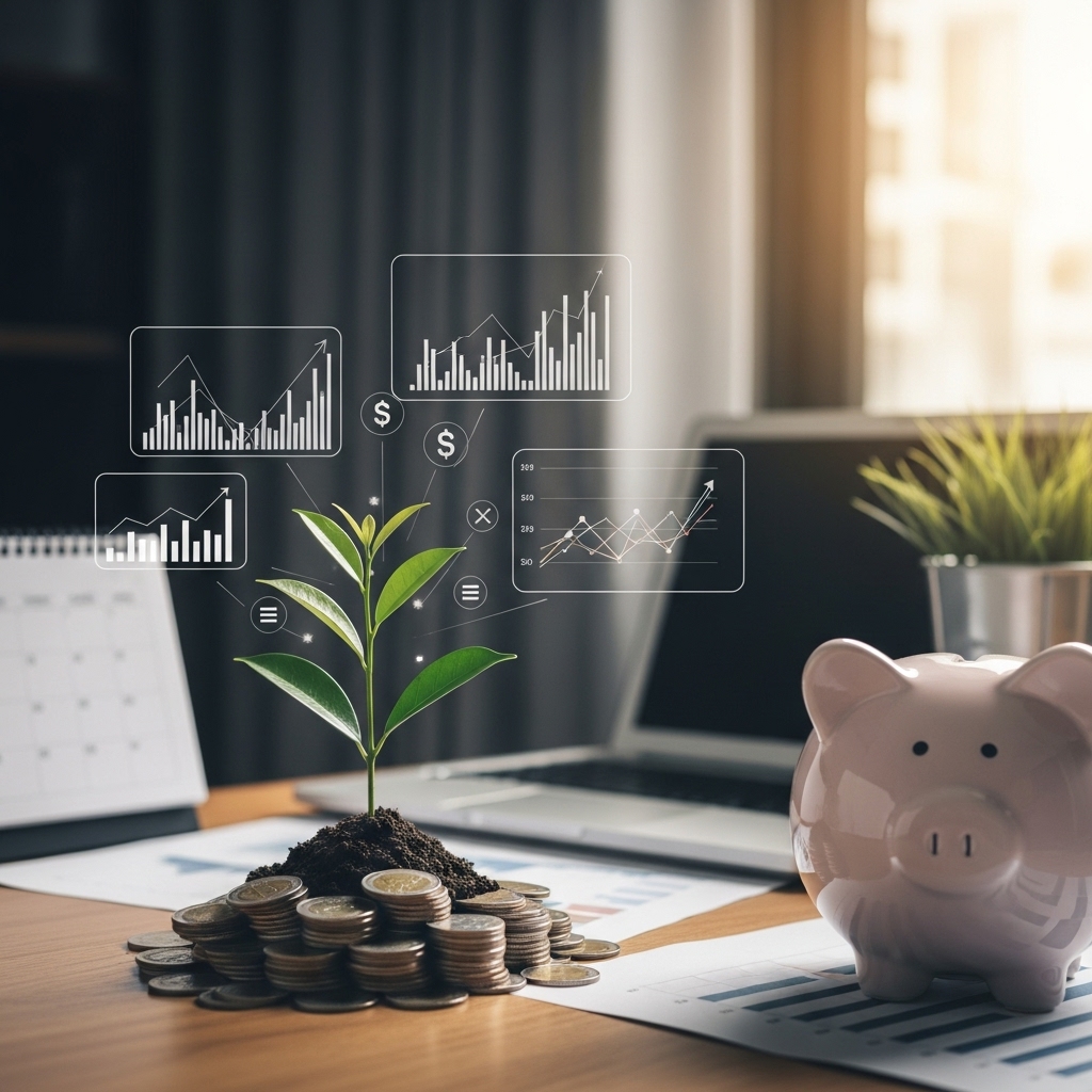 Uma representação visual de crescimento e planejamento financeiro. Pode ser uma pequena planta brotando de um cofrinho ou de moedas, crescendo em direção à luz, com gráficos financeiros discretos e positivos ao fundo. O ambiente deve ser de escritório ou estudo, transmitindo prudência e visão de longo prazo. Incluir elementos que sugiram o futuro, como um calendário ou um plano de metas.