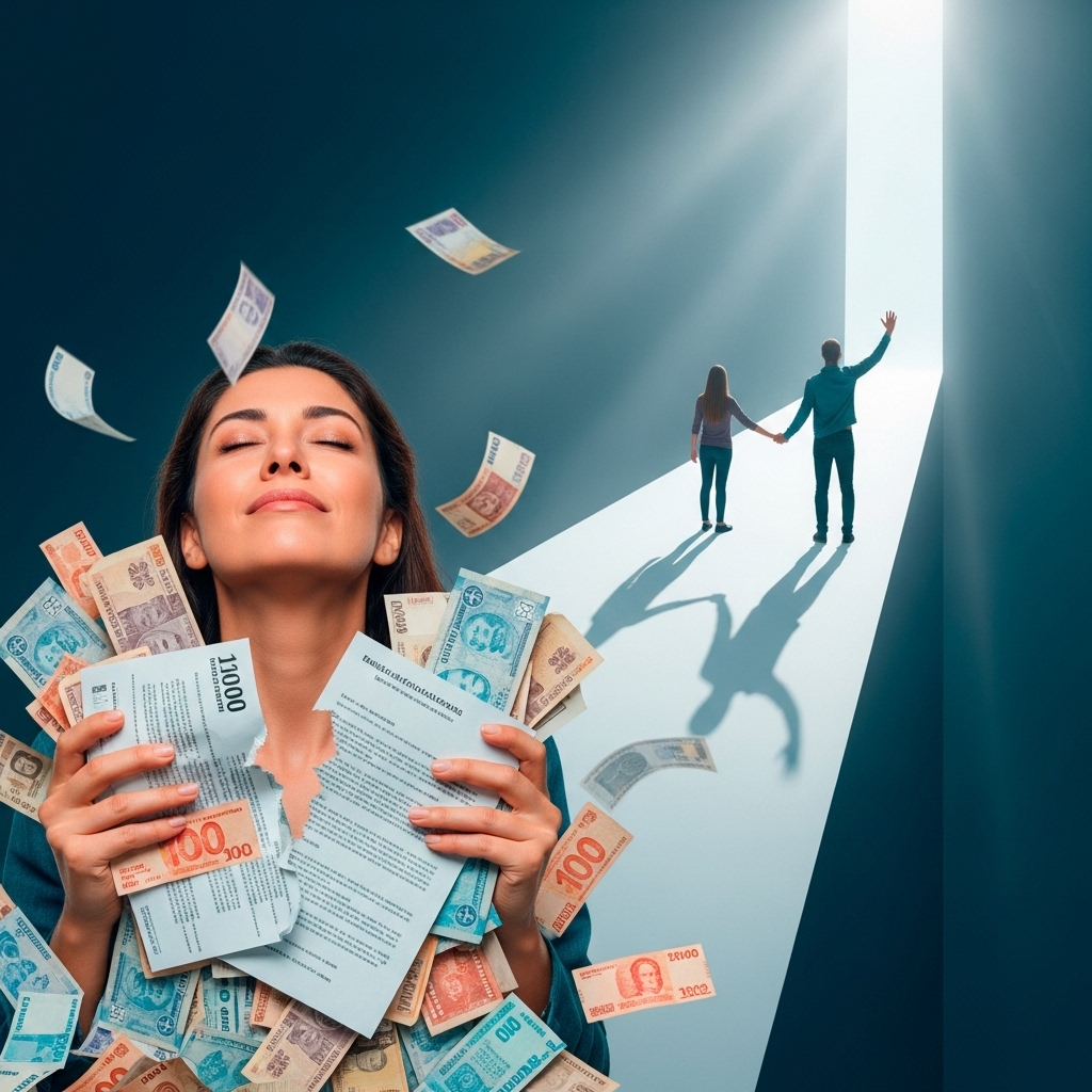 Uma pessoa com expressão de alívio e esperança, rasgando ou jogando fora uma pilha de contas e papéis de dívida. Ao fundo, um caminho claro e iluminado se abre, simbolizando a liberdade financeira. A cena deve transmitir superação e um novo começo, com elementos que remetam ao contexto brasileiro, como boletos de bancos locais.