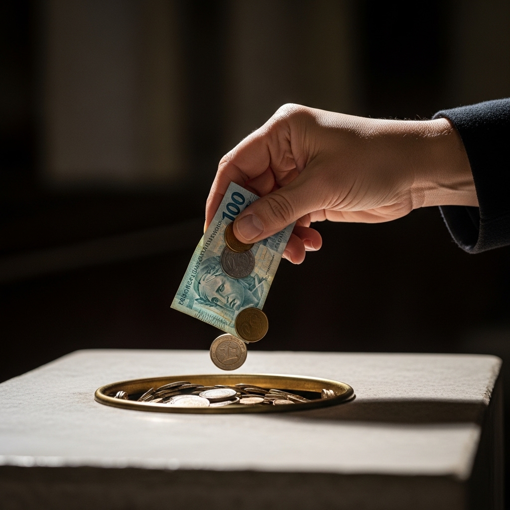 Uma mão adulta depositando moedas e notas em uma caixa de ofertas ou em uma cesta de dízimos na igreja, com a luz focando no gesto de doação. O ambiente deve ser sereno e reverente, simbolizando fé e gratidão. As moedas e notas devem ser reais (Reais brasileiros).